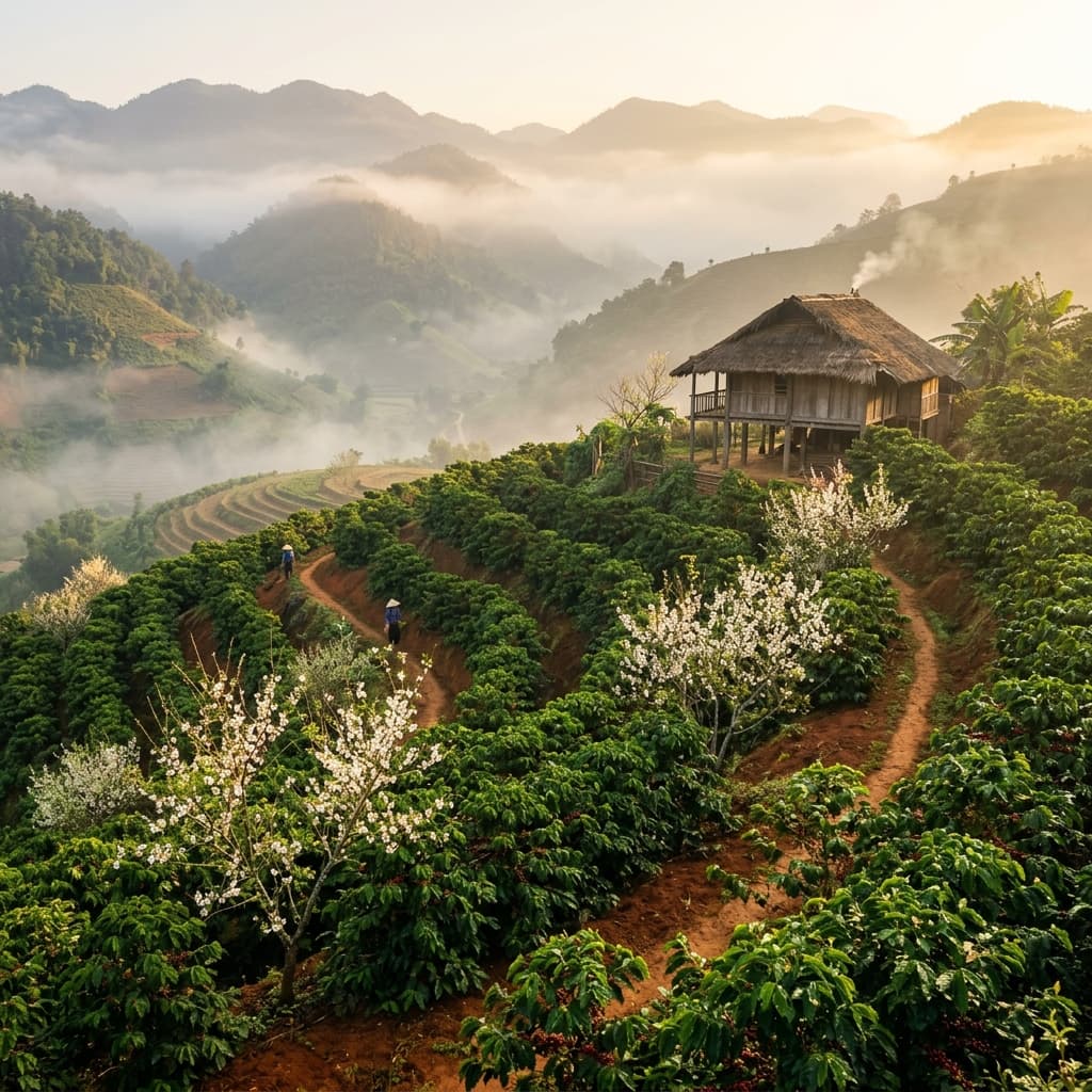 Đồi núi mờ sương lúc bình minh